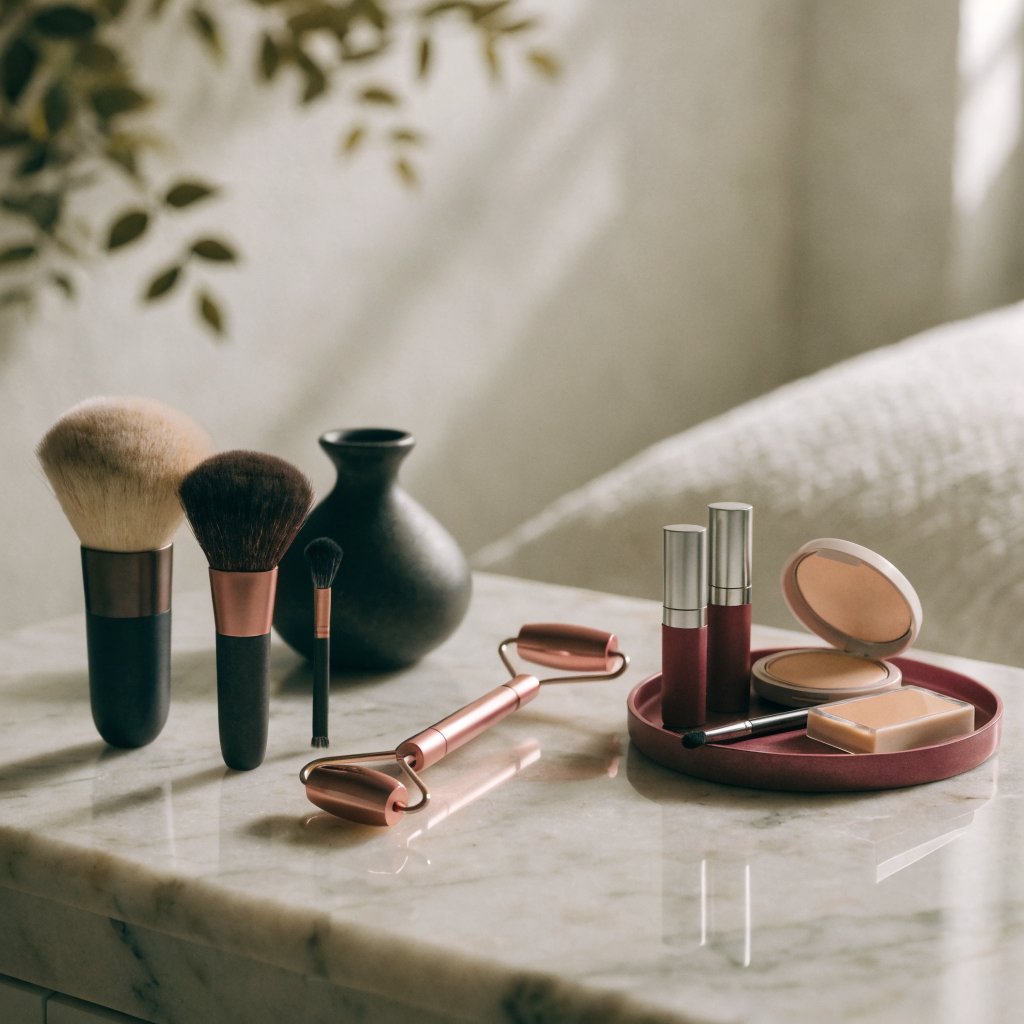A beauty specialist's polished skincare and makeup kit in a well-lit home setting