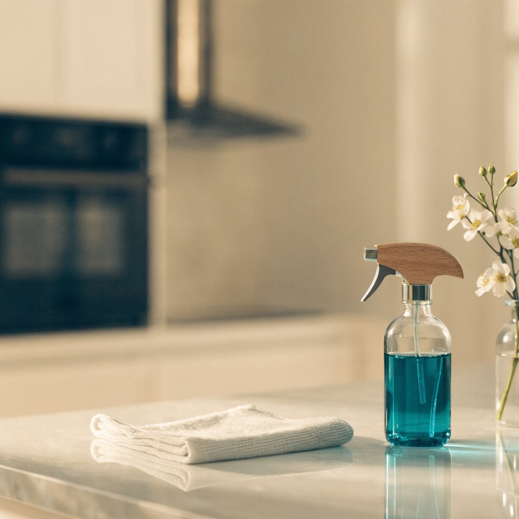 A professional cleaning team at work in a bright, tidy home
