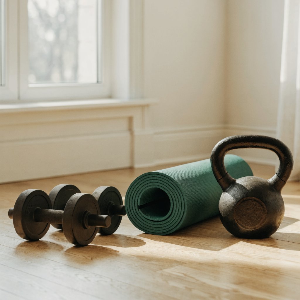 A certified personal trainer's equipment set up in a well-lit home setting