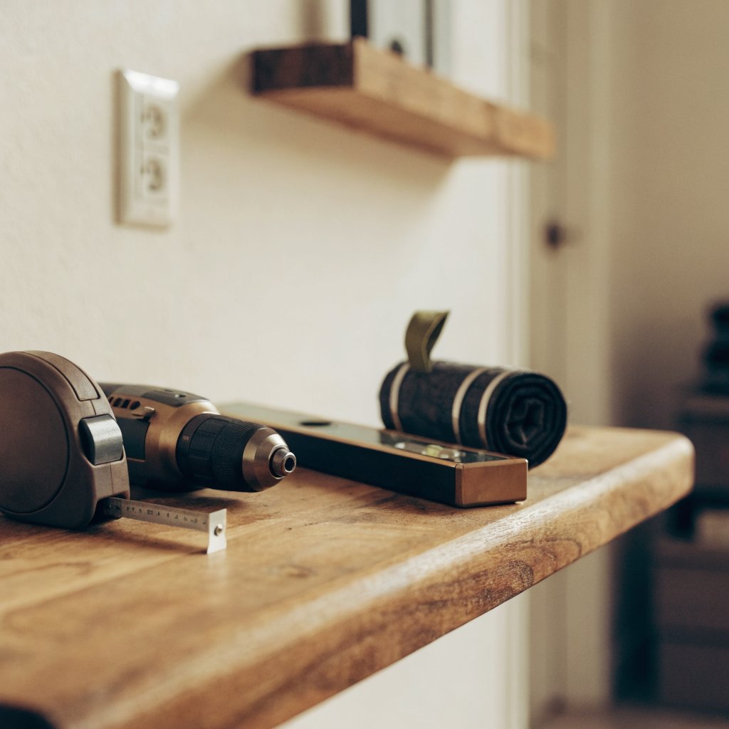 A skilled handyman's tool bag laid out in a bright home interior, ready for a repair visit
