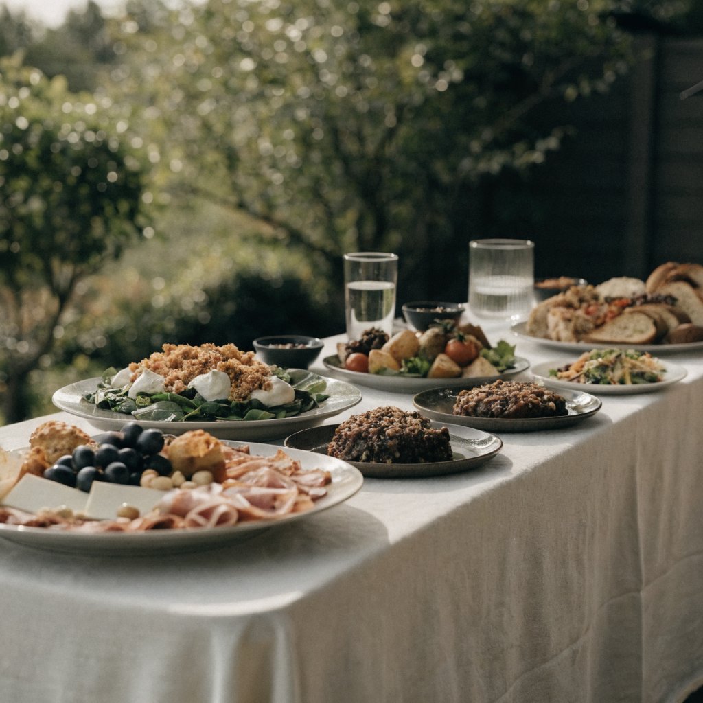 A garden dining table set with a seasonal spread, ready to serve