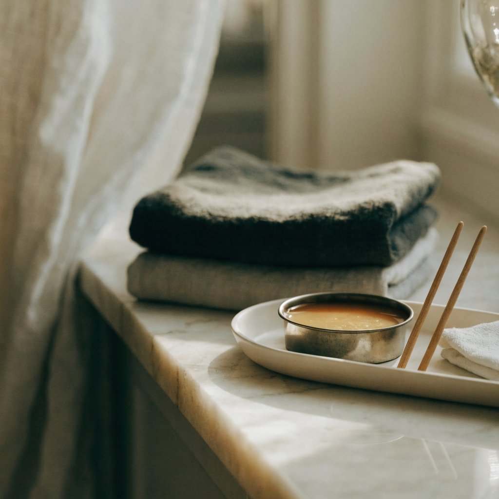 A calm, well-lit at-home waxing treatment setup with premium sanitized tools